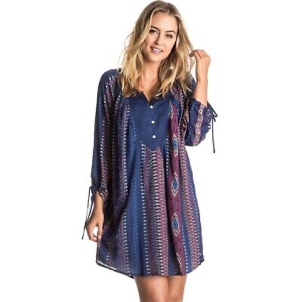 Roxy Navy Print Tunic Boho 3/4 Quarter Button Dress - Picture 1 of 10